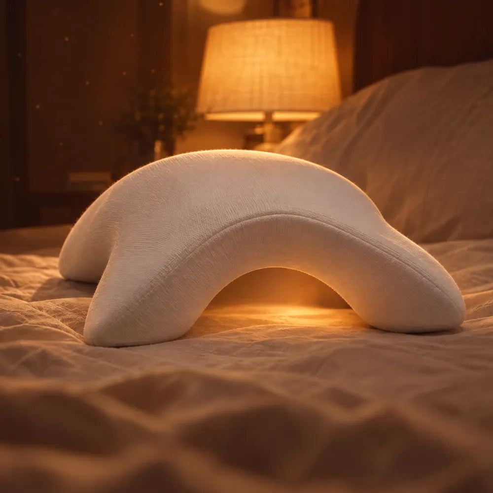Cuddo on a bed at night, lamplight glowing through the tunnel